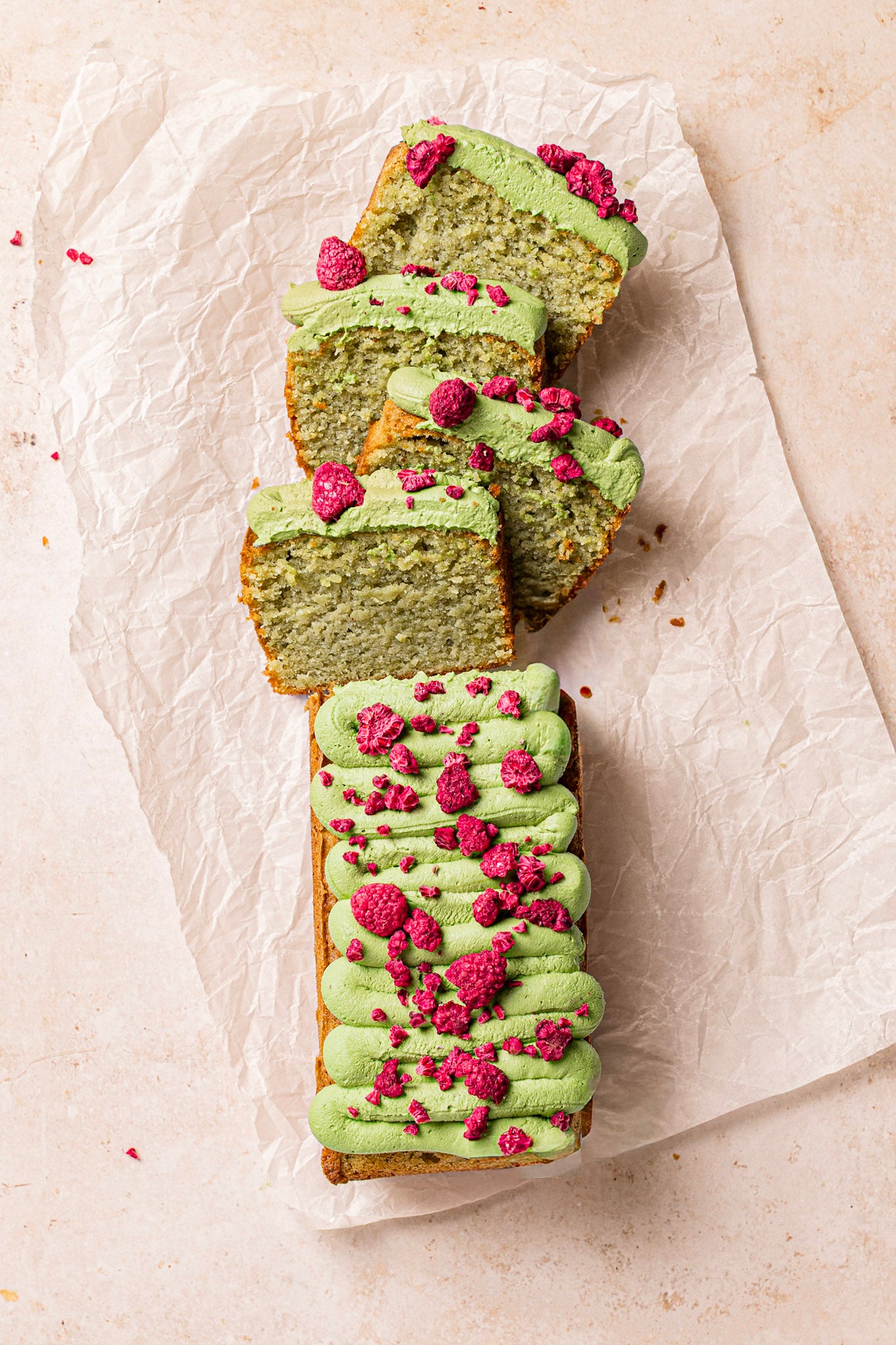 Frozen Matcha, Almond and Raspberry Loaf